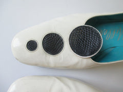 Vintage 60's MOD Black Polka Dot White Patent Heels Shoes 9 - Bombshell Bettys Vintage
