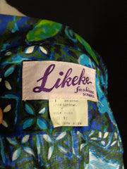 Vintage Mid Century Blue Likeke Tribal Style Floral Print Hawaiian Shirt 48 - Bombshell Bettys Vintage