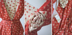 • Vintage 70's Calico Floral 40's Look Dress & Peplum Jacket Rosette Set M - Bombshell Bettys Vintage