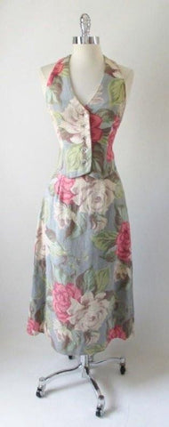 • 40's 70's Roses Barkcloth High Waist Skirt Halter Vest Top Dress 2 Piece Set XS