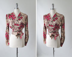Vintage Floral 70's Meets 40's Blouse Tie Top M / L - Bombshell Bettys Vintage