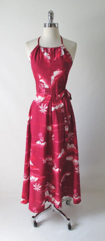 • Vintage 80's Hilo Hattie Hawaiian Halter Maxi Dress Palm Tree Sunset One Size