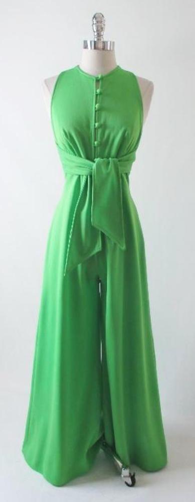 • Vintage 70's Bright Green Wrap Top Wide Leg Palazzo Pants Jumpsuit S - Bombshell Bettys Vintage