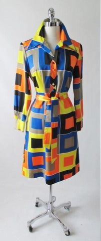 • Vintage 60's 70's Lanvin Paris MOD Color Block Button Down Shirt Shift Dress M