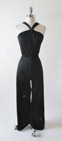 Vintage 70's Halter Black Jumpsuit Cherry Accent S