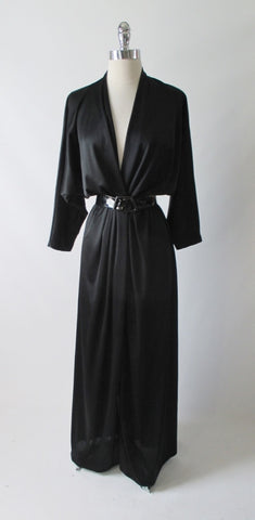 Vintage 80's Inky Black Silky Evening Gown Dress L