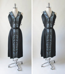 Vintage 70's Alfred Shaheen Black Egyptian Revival Hawaiian Day Dress New 1X 18 - Bombshell Bettys Vintage