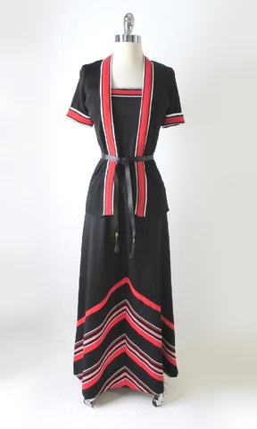 Vintage 70's Chevron Stripe Dress & Sweater / Jacket Set M