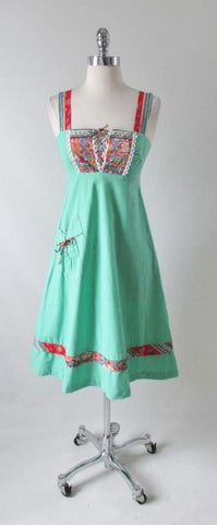 Vintage 70's Green Lace Up Flower Hippie Dress XXS