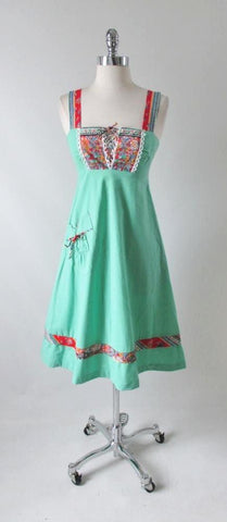 Vintage 70's Mint Green Lace Up Front A Line Sundress Hippy Dress XS