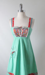 Vintage 70's Green Lace Up Patchwork Flower Hippie Dress XS - Bombshell Bettys Vintage