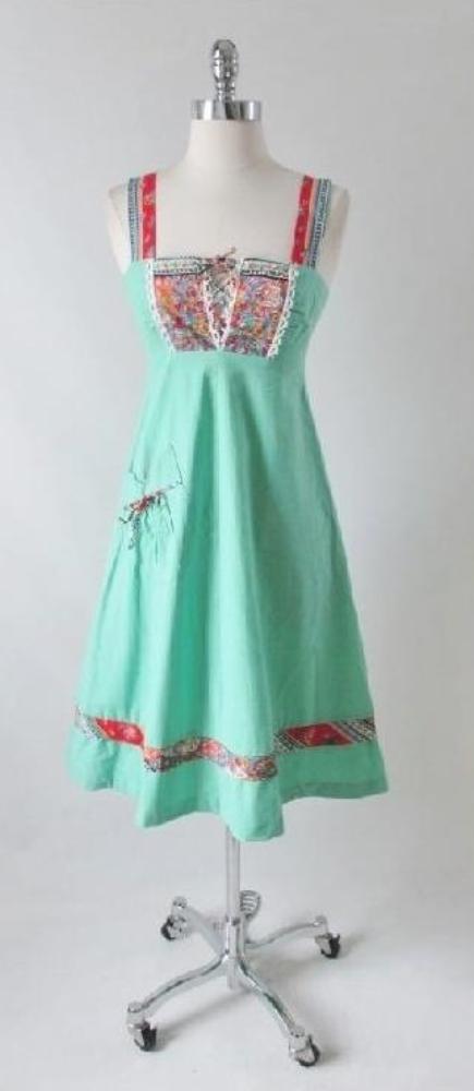 Vintage 70's Green Lace Up Patchwork Flower Hippie Dress XS - Bombshell Bettys Vintage