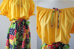 • Vintage 70's Yellow Off Shoulder Patchwork Wide Leg Palazzo Jumpsuit M/L - Bombshell Bettys Vintage