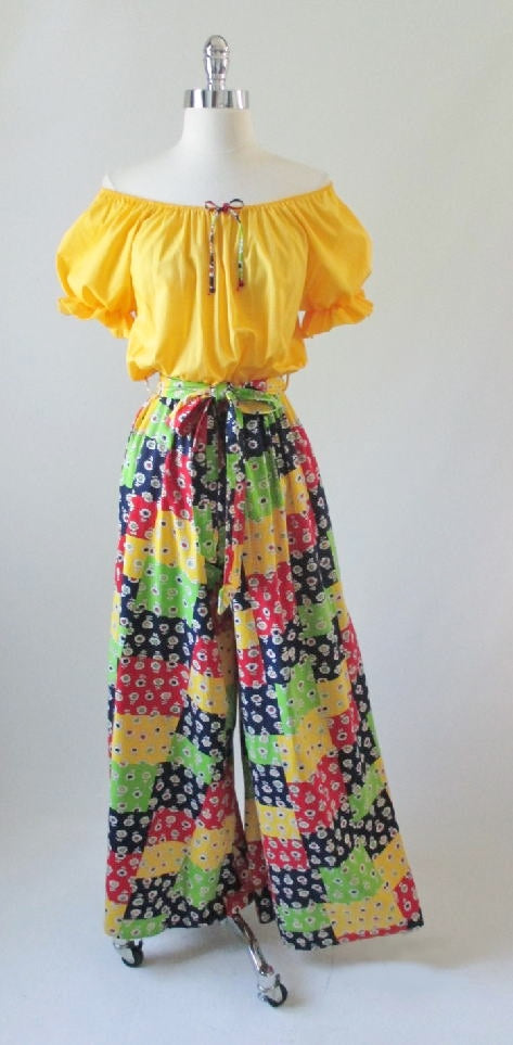 • Vintage 70's Yellow Off Shoulder Patchwork Wide Leg Palazzo Jumpsuit M/L - Bombshell Bettys Vintage