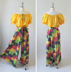 • Vintage 70's Yellow Off Shoulder Patchwork Wide Leg Palazzo Jumpsuit M/L - Bombshell Bettys Vintage