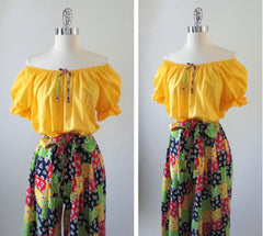 • Vintage 70's Yellow Off Shoulder Patchwork Wide Leg Palazzo Jumpsuit M/L - Bombshell Bettys Vintage