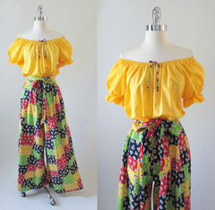 • Vintage 70's Yellow Off Shoulder Patchwork Wide Leg Palazzo Jumpsuit M/L - Bombshell Bettys Vintage