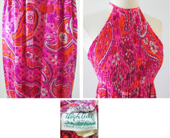 Vintage 60's 70's Psy Paisley Smocked Halter Dress M - Bombshell Bettys Vintage