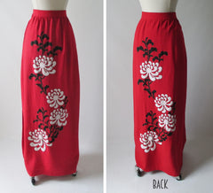 • Vintage 70's Alfred Shaheen Red Linen Long Maxi Skirt L - Bombshell Bettys Vintage