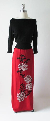 • Vintage 70's Alfred Shaheen Red Linen Long Maxi Skirt L