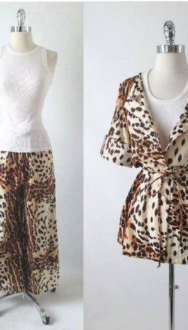 Vintage 70's Leopard Lounge Pants Top Shirt Separates Pantsuit Set M