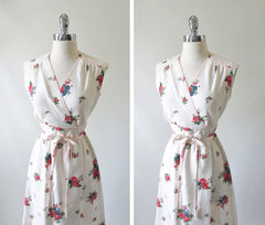 Vintage 70's Natural Cotton Red Blue Flower Day Dress M - Bombshell Bettys Vintage