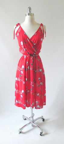• Vintage 70's Tropical Red Rayon Purple Floral Sundress Dress M