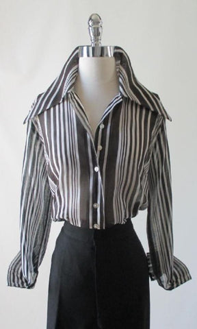 • Vintage 70's Sheer Black White Blouse Top Wide Collar Classic Shirt L