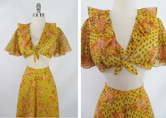Vintage 70's  Carmen Miranda Maxi Skirt Matching Cropped Ruffled Tie Top - Bombshell Bettys Vintage