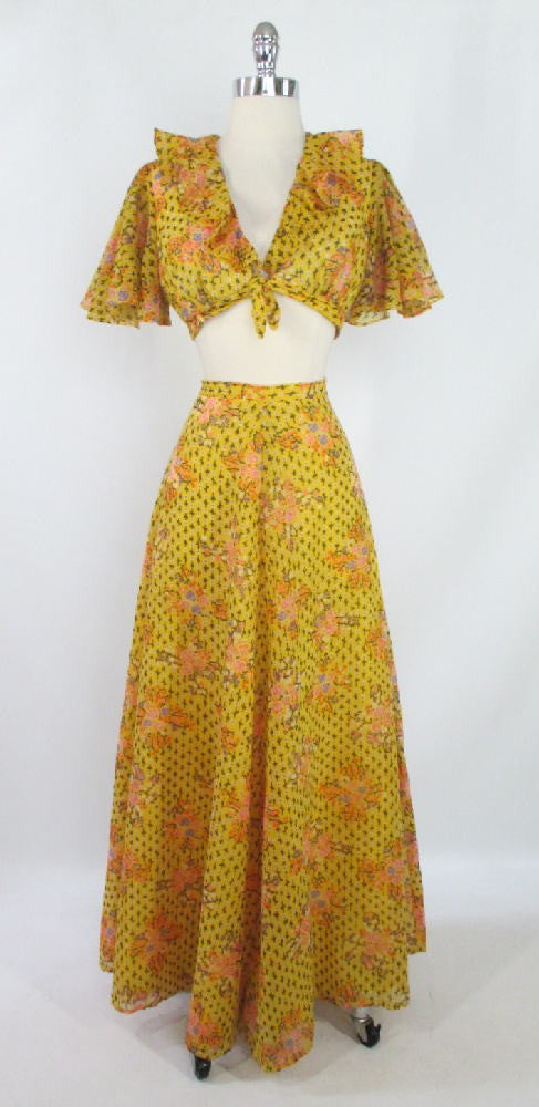 Vintage 70's  Carmen Miranda Maxi Skirt Matching Cropped Ruffled Tie Top - Bombshell Bettys Vintage