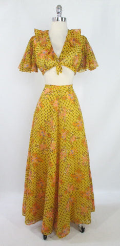 Vintage 70's  Carmen Miranda Maxi Skirt Matching Cropped Ruffled Tie Top