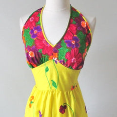 Vintage 70's Flower Power Halter Dress New Old Stock M - Bombshell Bettys Vintage