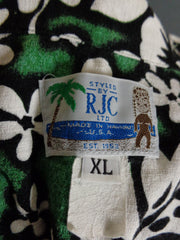 Vintage 80s Green RJC  Barkcloth Hibiscus Print Hawaiian Shirt  XL - Bombshell Bettys Vintage