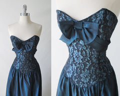 • Vintage 80's Sweetheart Blue Sharkskin Taffeta Lace Party Dress - Bombshell Bettys Vintage