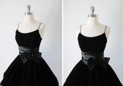 • New Old Stock Vintage 80's 50's Look Black Velvet Satin Bow Full Skirt Party Dress XS - Bombshell Bettys Vintage