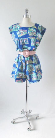 • Vintage 80's Vacation Post Card Shorts Playsuit Romper L