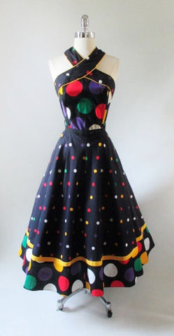 • Vintage 80's Black Polka Dot Full Skirt Halter Dress M