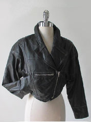 Vintage 80's Black Leather Jacket Cropped New Wave Origami Coat S - Bombshell Bettys Vintage
