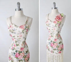 Vintage 80s Pink Rose Garden Lace Hem Dress S - Bombshell Bettys Vintage