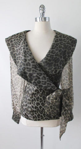 • Vintage 80's Leopard Sheer Blouse Shirt Top With Bow XL XXL