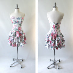 Vintage 80's 90's Garden Flowers Strapless Mini Dress XS - Bombshell Bettys Vintage
