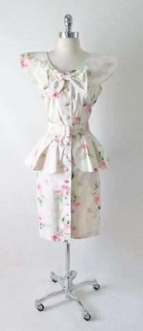 • Vintage 80's Pink Garden Roses Peplum Dress M
