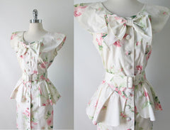 • Vintage 80's Pink Garden Roses Peplum Dress M - Bombshell Bettys Vintage