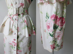 • Vintage 80's Pink Garden Roses Peplum Dress M - Bombshell Bettys Vintage