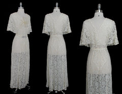 Vintage 30's Antique White Lace Wedding Special Occasion Gown Dress M - Bombshell Bettys Vintage