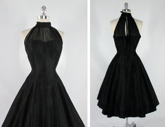 • Vintage 50's Black Chiffon Polished Cotton Full Skirt Evening Party Halter Dress M - Bombshell Bettys Vintage