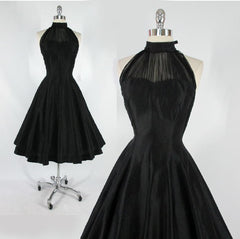 • Vintage 50's Black Chiffon Polished Cotton Full Skirt Evening Party Halter Dress M - Bombshell Bettys Vintage