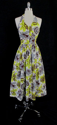 z Vintage 50's Surfriders Rare Modern Abstract Seashells Hawaiian Halter Dress XS