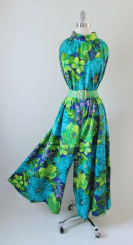 • Vintage 60's Bold Hawaiian Wide Leg Ankle Sweeper Palazzo Pants Jumpsuit M