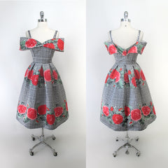 Horrockses Vintage 50s Style Gingham & Roses Full Skirt Party Dress S